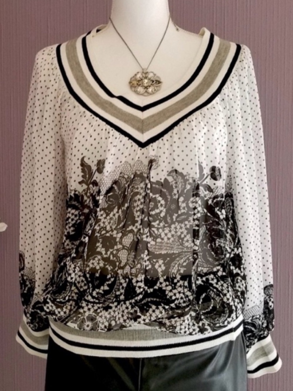 Black & White Polka Dot Floral Print Statement Sleeve Blouse Made in France